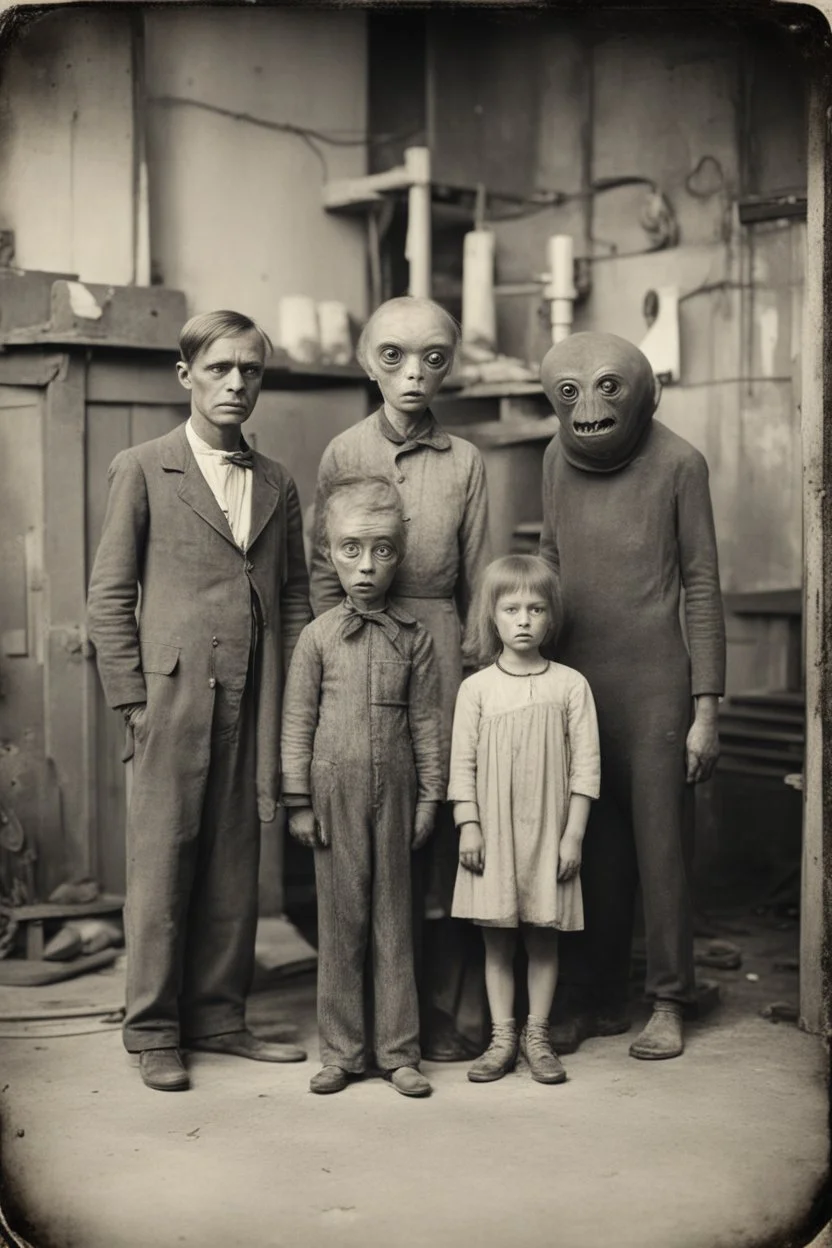 1900's black and white vintage photo, interior, teeth factory warehouse, unhappy stange long grey alien human hybrid creature with a family that is sad, captured on square format film, grainy, aged