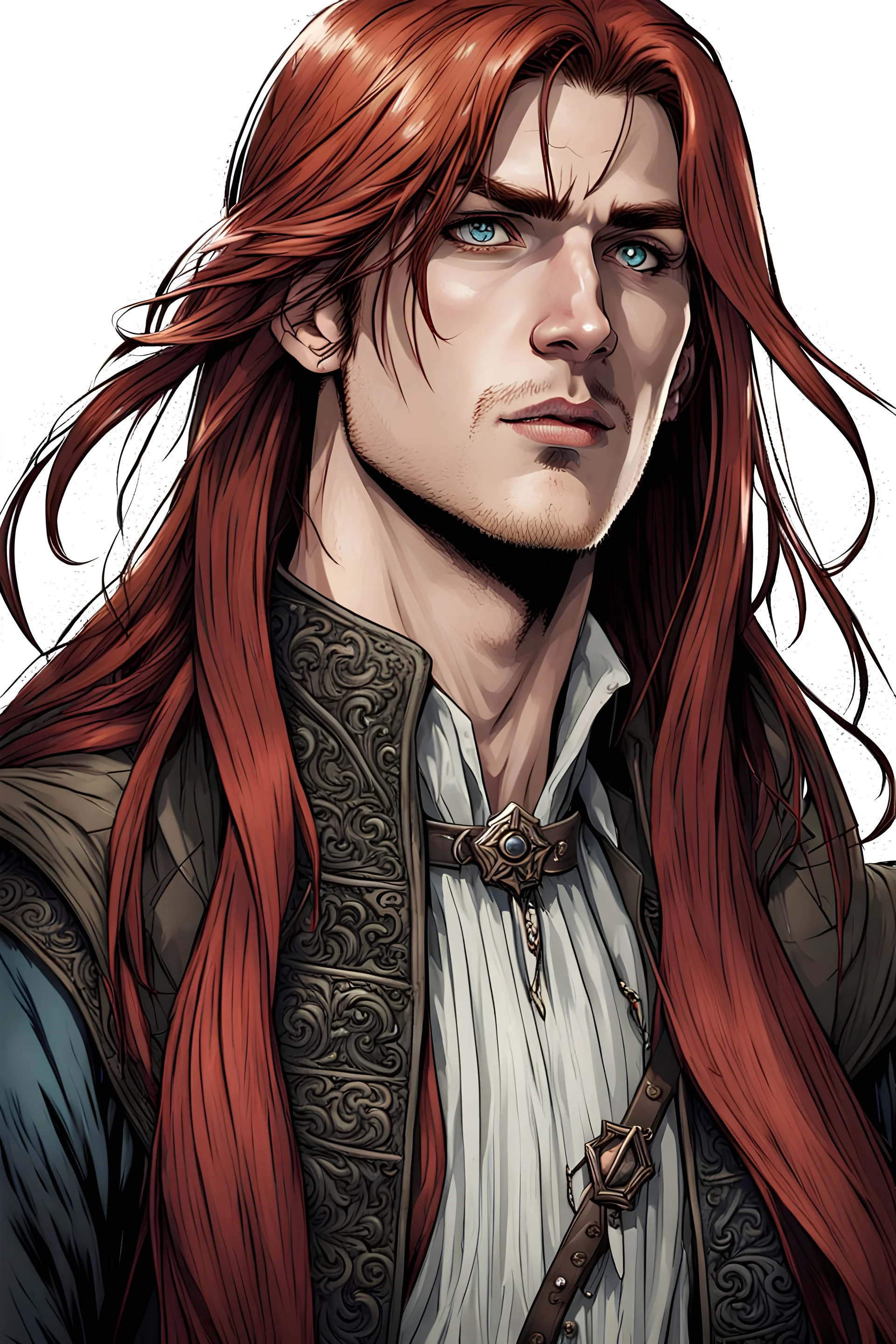 Handsome male half-vampire. 23 years old. Long red hair. Light blue eyes. Wearing fine medieval clothes.