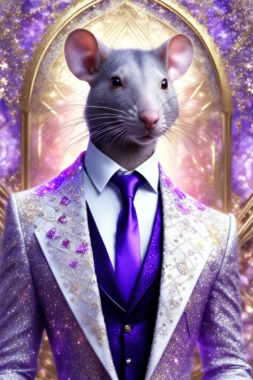 Work of art, Handsome rat White in a fashionable suit woven from white and purple pink diamonds, fashion art style, fractal of silver and gold threads, empty background, fantasy, grain, Professional digital image RAW, aesthetic, rozhkova_art, glitter, lace, surrealism, hyper-detailing, drawing of details, ink, futurism, dynamics, 32k, digital-art