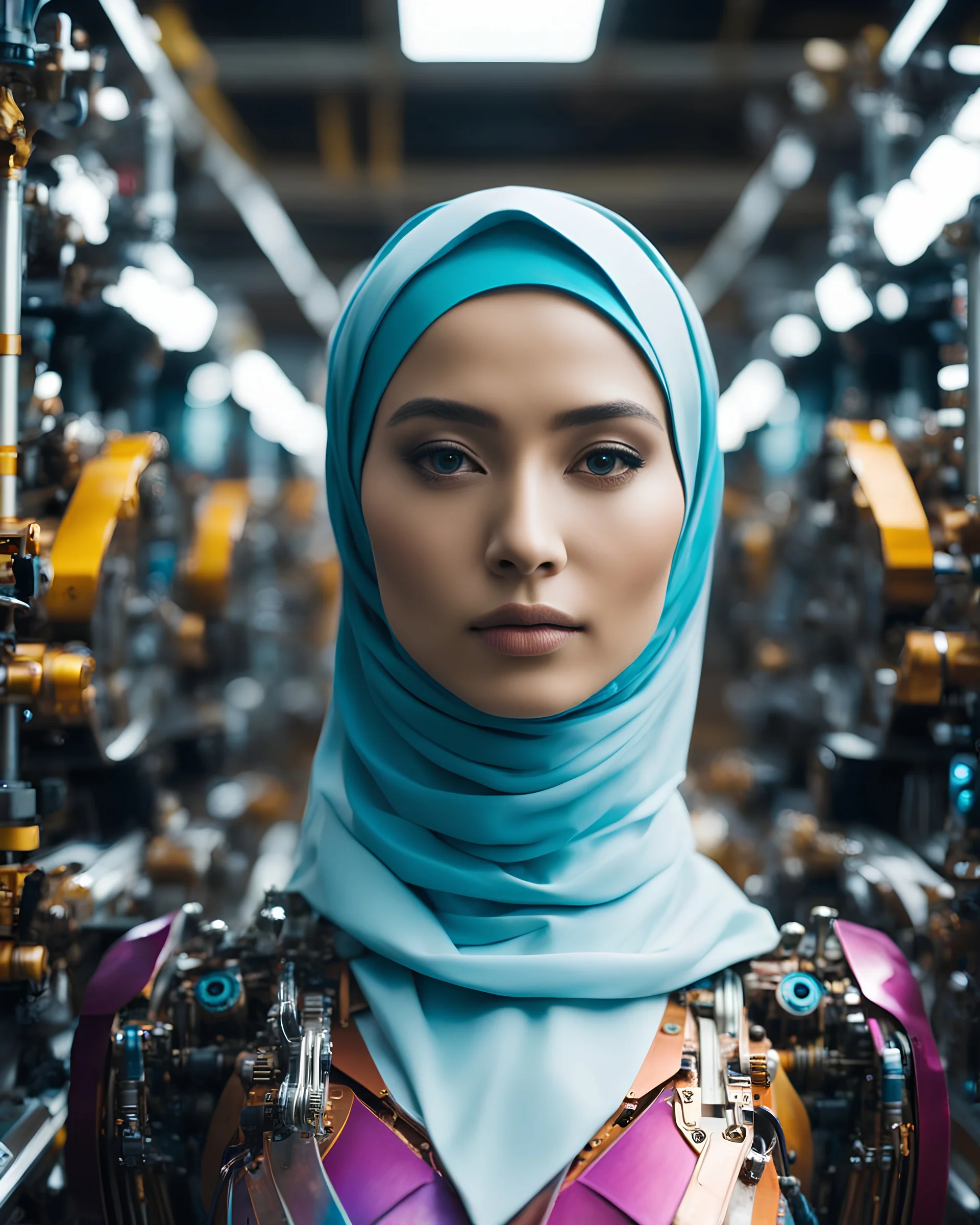 potrait half body cinematography colors a beautiful face woman hijab humanoid hijab robot mechanical walking in between two rows of complex machinery with vibrant colors