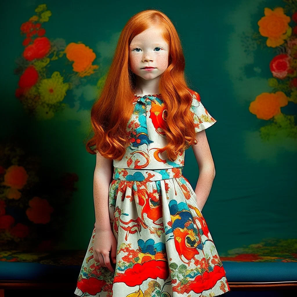 pretty girl, age 10, ginger hair, colourful, gentle, dress, full-body