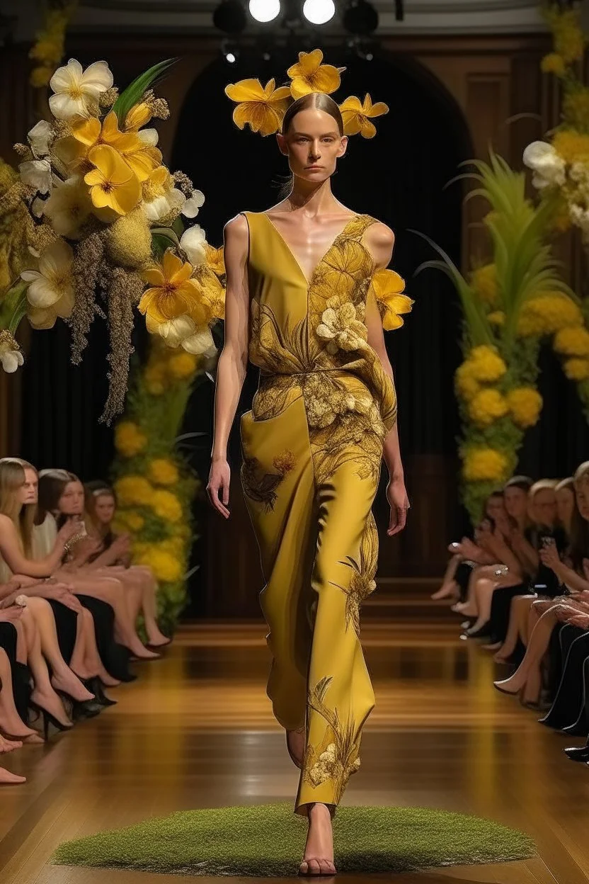 Model in runway with orchids like principal elements