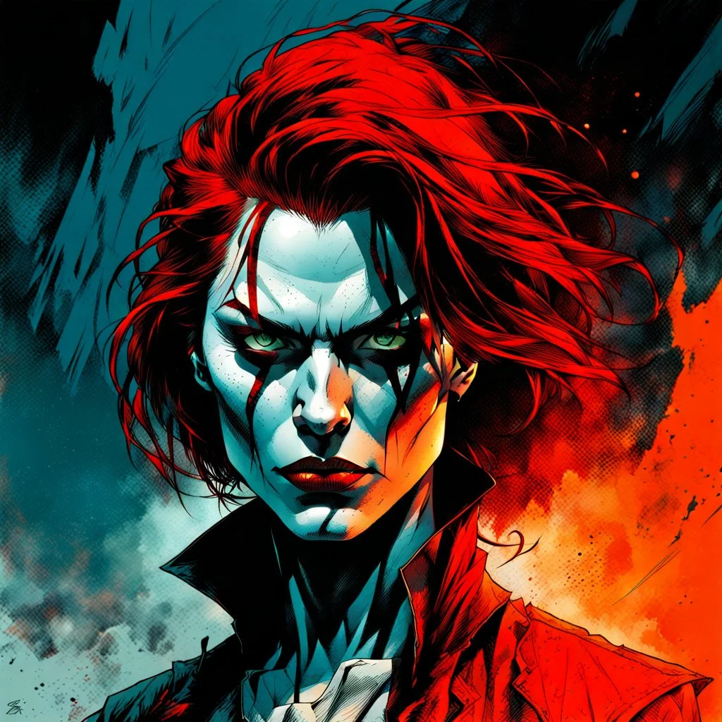 create a dangerously sinister full body portrait illustration of an auburn haired, ragged Brujah female vampire , with highly detailed and deeply cut facial features, in the comic art style of FRANK MILLER and BILL SIENKIEWICZ, searing lines and forceful strokes, precisely drawn, boldly inked, with gritty textures, vibrant colors, dramatic otherworldly lighting