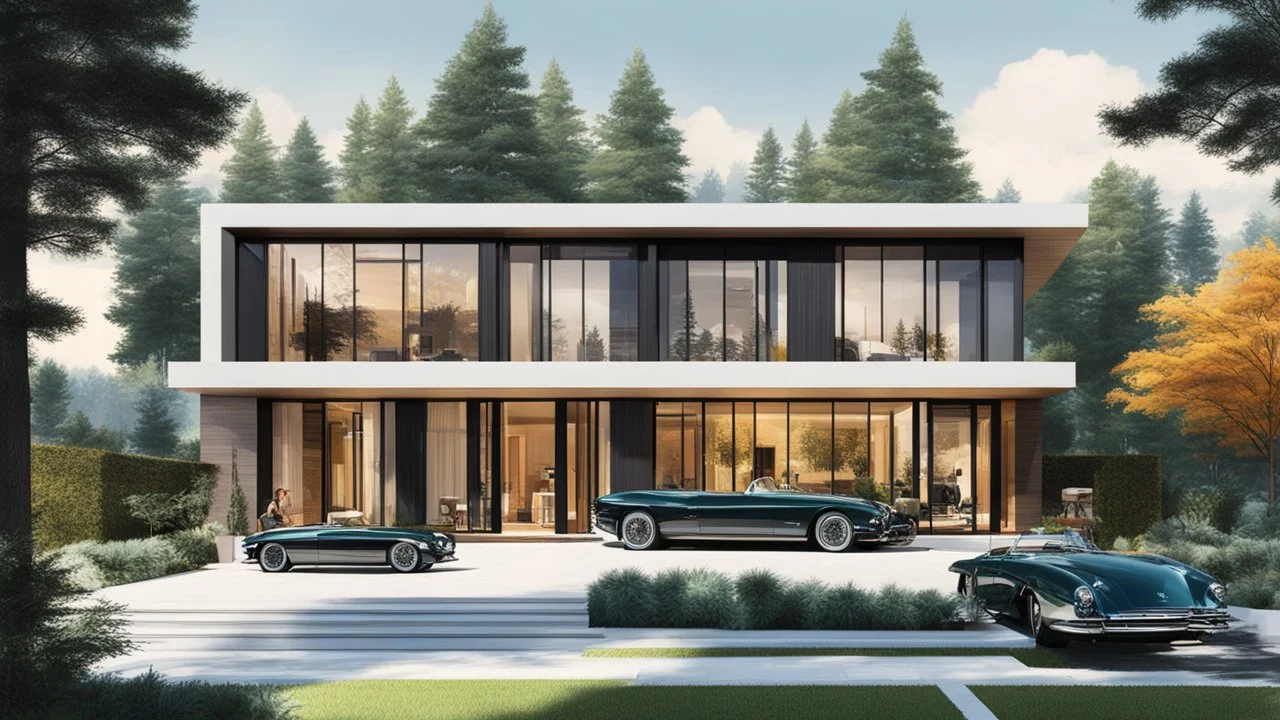 Architectural drawing of a luxurious modern country house, trees, people and cars, complementary colors