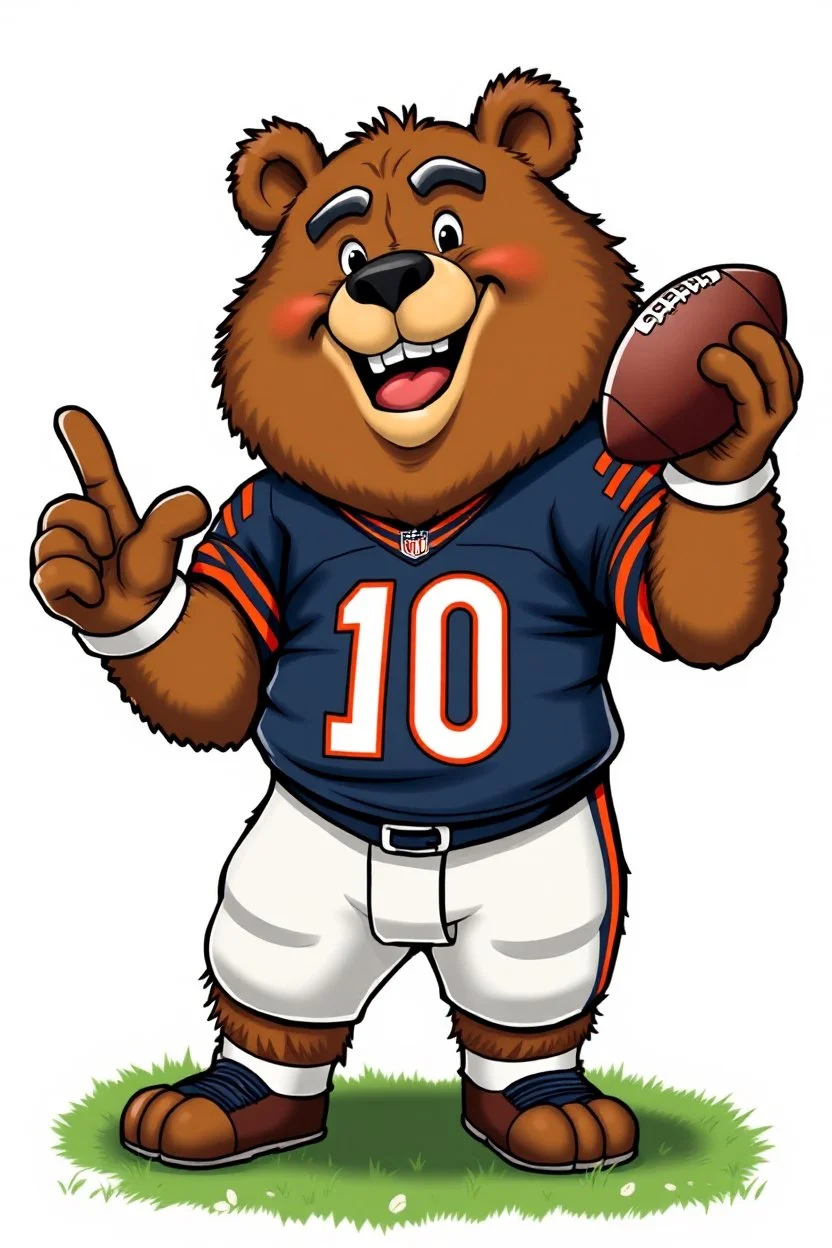 big burly Bear takes a playful turn in a football-themed crossover! Dressed in a Chicago Bears jersey, he stands on the field with a football in hand, a mischievous grin on his face. Instead of his usual magic, he balances the football effortlessly on his finger, ready to bring magic to the game. The scene is set against a white background.