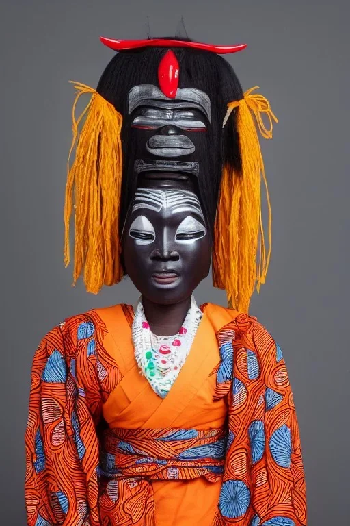 Portrait buxom African lady wearing a noh mask, full body shot, full-color medium shot, style of Japanese noh masks