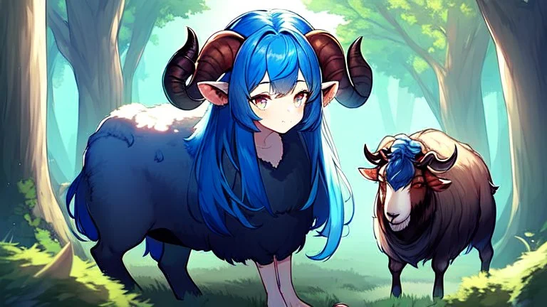 Girl, blue hair, goat horns, clearing in forest, goat foot.