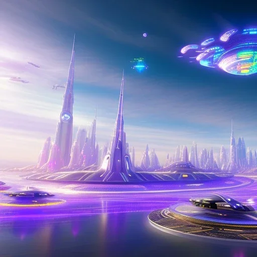 flying ship, futuristic city with astroport and transparent bridges, galactic landsacape with multicolored crystals falling from the sky, full of details, smooth, bright sunshine，soft light atmosphere, light effect，vaporwave colorful, concept art, smooth, extremely sharp detail, finely tuned detail, ultra high definition, 4 k, unreal engine 5, ultra sharp focus