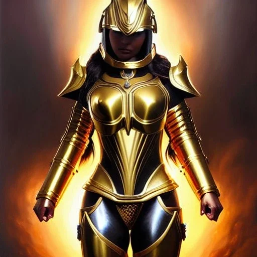 ultra detailed fullbody Portrait in oil on canvas of a beautiful busty woman with Saint Seya Gold piscis armor with helmet,extremely detailed digital painting, extremely detailed face,crystal clear Big eyes, mystical colors ,perfectly centered image, perfect composition,rim light, beautiful lighting,8k, stunning scene,extremely sharp detail,finely tuned detail, ultra high definition raytracing, in the style of robert e howard and pablo oliveira and Ken Kelley and Ohrai Noriyoshi and Simon Bisle