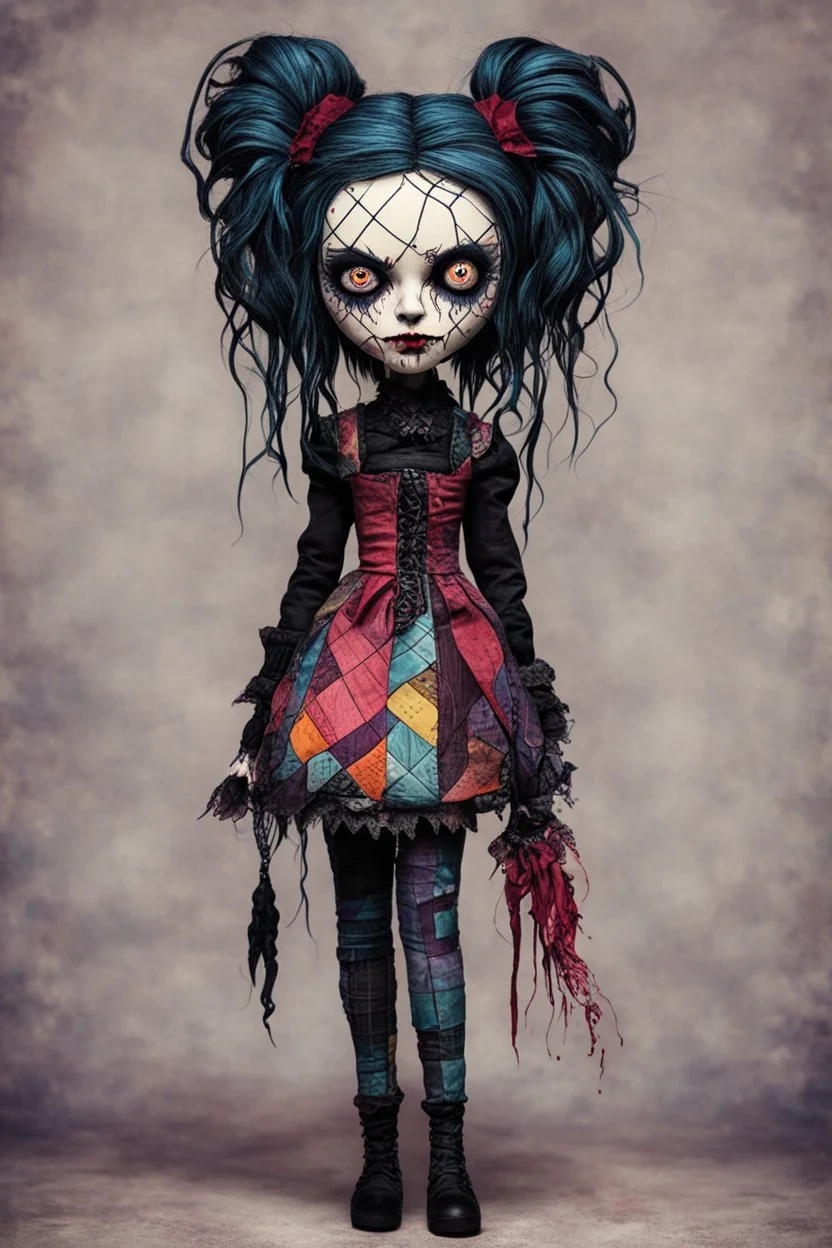 full color, full body illustration of a dark menacing Victorian goth vampire girl as a crude homemade patchwork cloth doll toy, with contrast stitching across her patchwork face, hair made from ragged strips of cloth, art in the style of Alex Pardee