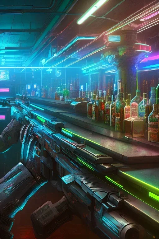 dog and gun in a cyberpunk bar, digital art style. fantasy, neon lights, volumetric lighting, particales, wide shot