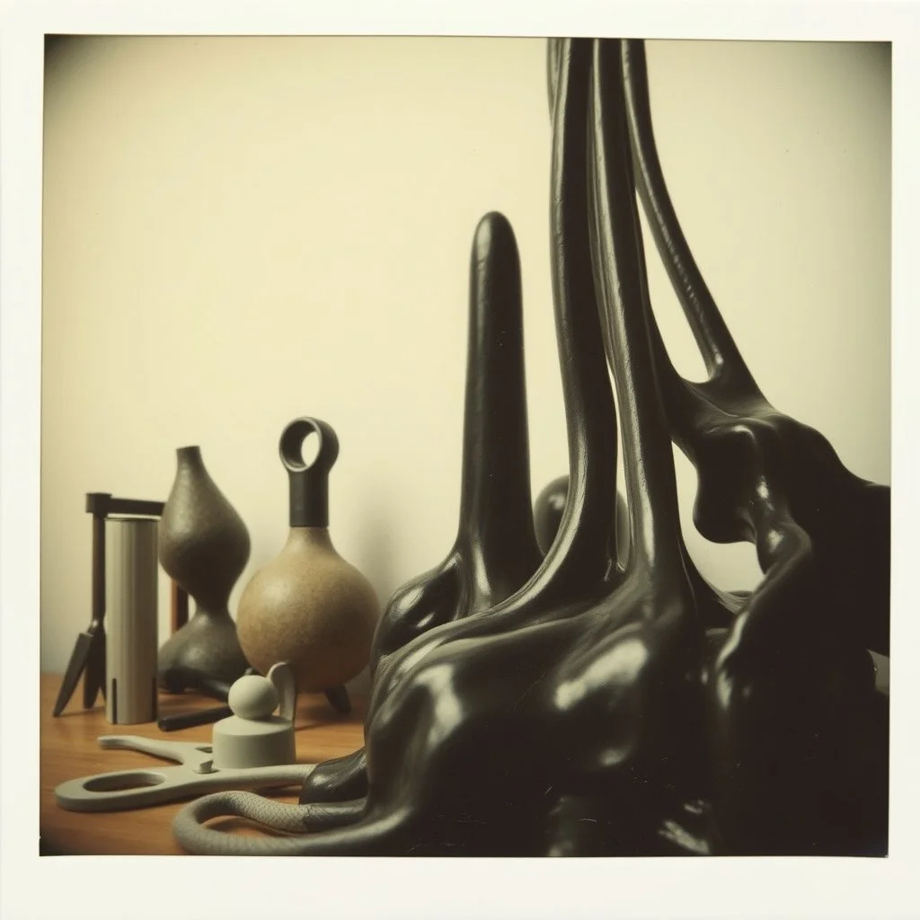 Photography polaroid close-up of several shapes, elongated lines and object, massive odd Yves Tanguy incomprehensible style, Surrealism. On the left, there are other lower shapes, similar to tools or mechanisms, randomly arranged, glossy, organic, creepy tumor mass growing, strong texture, fiotti di liquido nero, horror, panic, obsessive, hypnotic