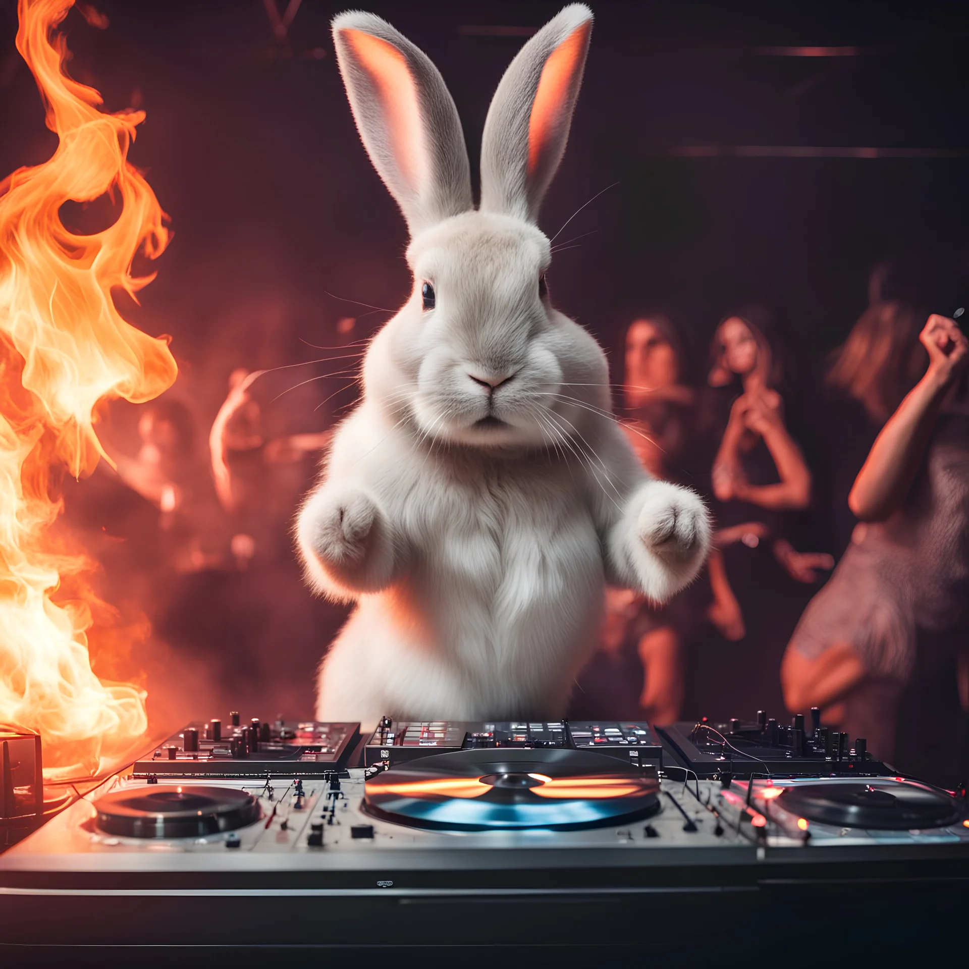 mature bunny doing techno music and performing at a dj show with fire in background and women