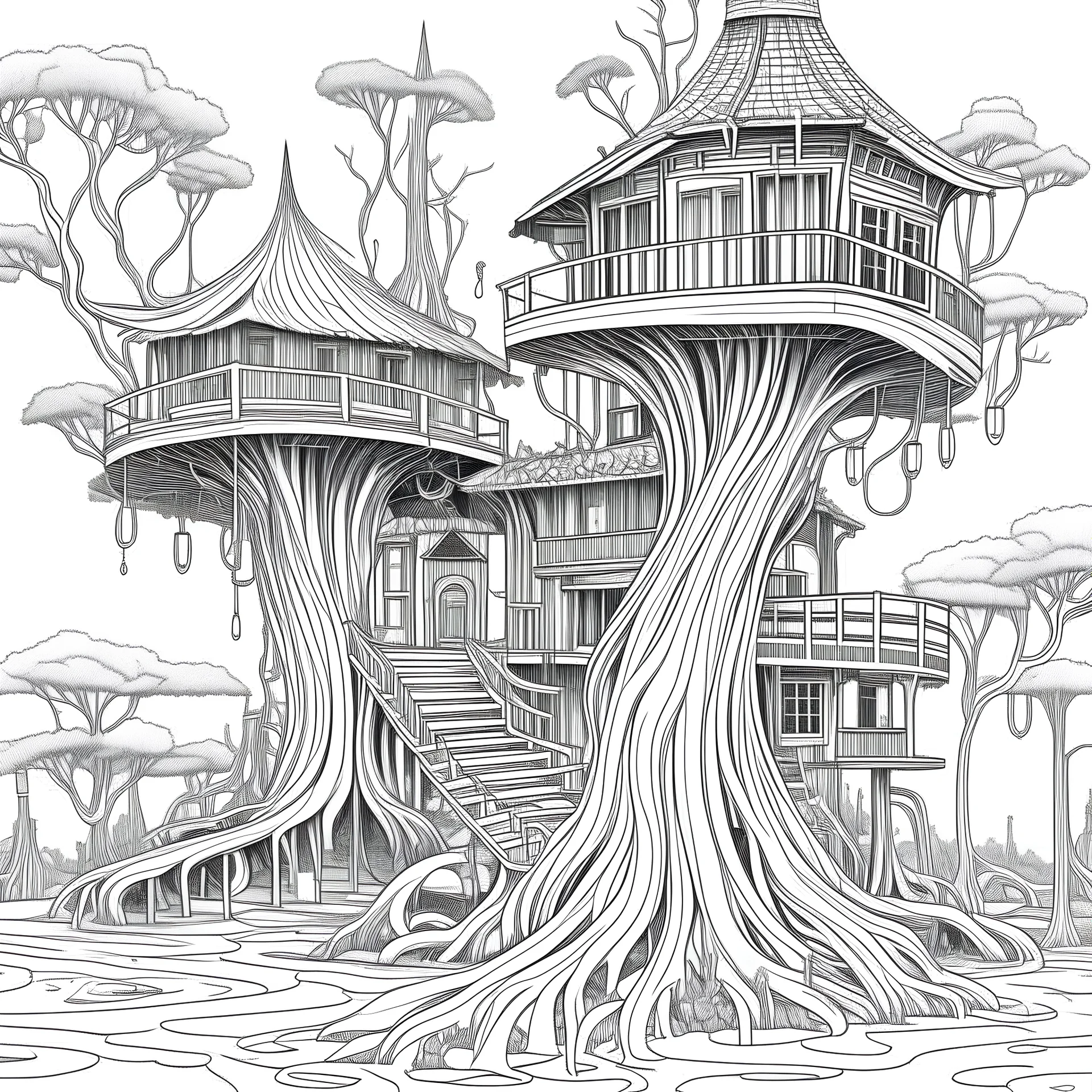 swamp shake, Whispering Cypress Swirls, Clyster crisp clear lines, clean line art, line art, Black and white coloring page, for adult, perfect shape, each image separate model treehouse, realistic, unique, unique style, masterpiece, variation, clean coloring page, vector coloring book illustration, no shading, only draw outlines, crisp, full page, use up the entire screen,