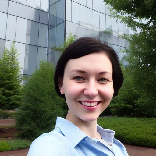 A short haired, female software engineer taking a selfie in front of Building 92 at Microsoft in Redmond, Washington