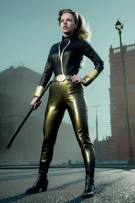 retro portrait image from 1960, Moscow background, wind, long hair, fighting stance, sweet young Scarlett Johansson, classic black tight lycra suit, metal stick weapon, gold bracelet and belt, high heel boots, soft color, highly detailed, unreal engine 5, ray tracing, RTX, lumen lighting, ultra detail, volumetric lighting, 3d, finely drawn, high definition, high resolution.