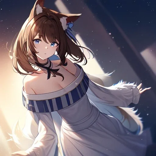 Clear focus, High resolution, Long fluffy brown hair, blue eyes, wearing a white skirt, detailed outfit, wearing a jacket oversized off shoulder, rough line, hair above ears, dog ears, off shoulder white shirt, chopped bangs, parted hair, medium locks