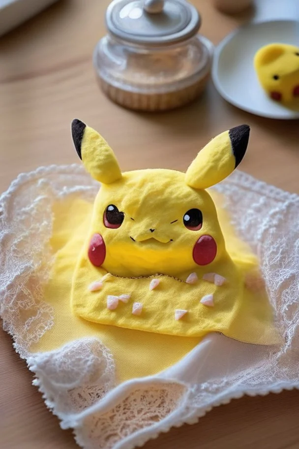 cute and nice faced marzipan Pikachu on a lace blanket on a kitchen table