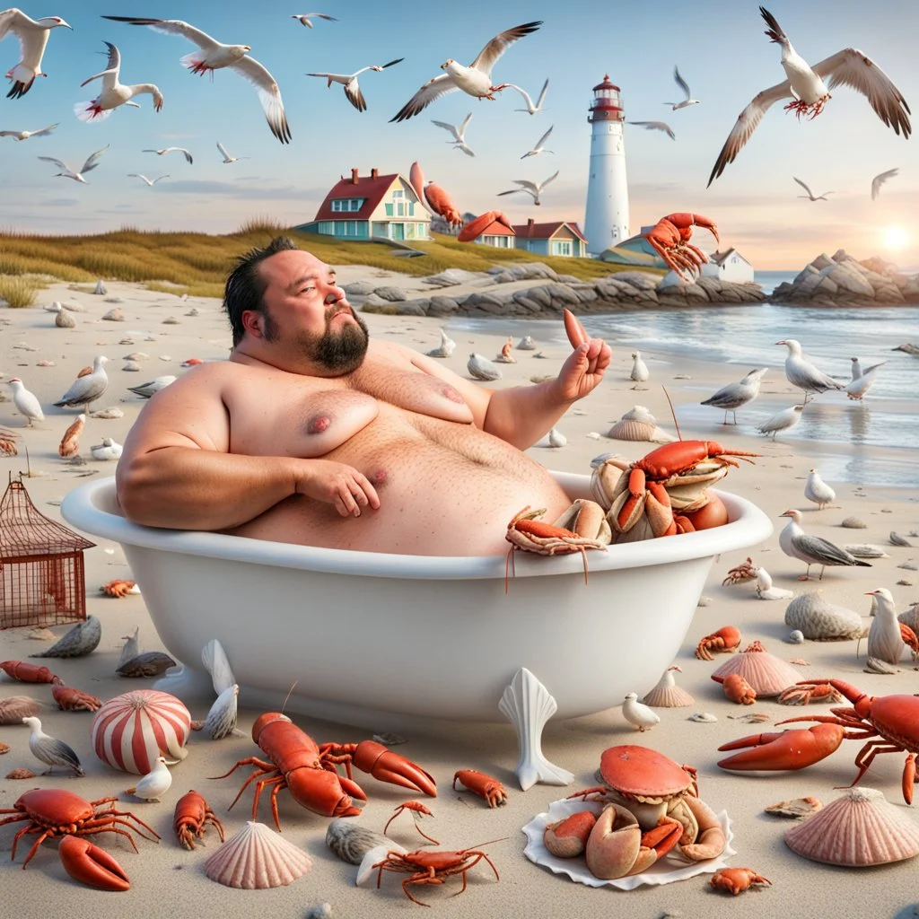 Fat man in a claw foot bathtub on a beach. Surrounded by seagulls, lobsters and crabs. there is a colorful light house in the background.