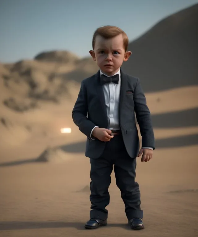 James bond toddler, full body, gun, car, dramatic lighting, hyper realistic