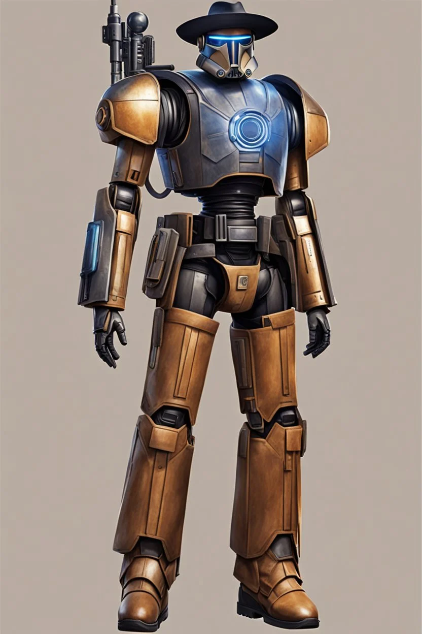 A Star Wars Combat Droid, Wearing Western Cowboy Clothes, Armour looks like Halo, Wearing a cowboy hat and a Cowboy Over-Coat.