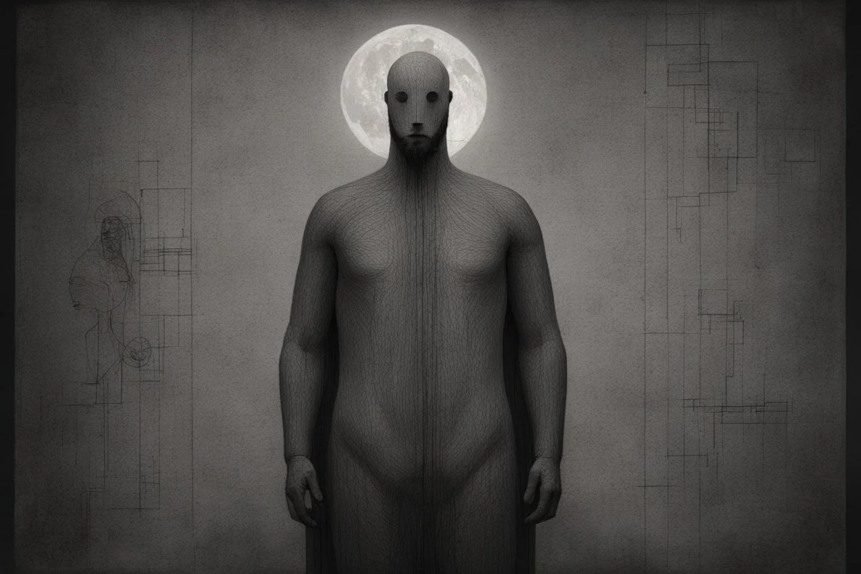 monochrome, cardboard figure on the left of the picture, stocky human figure with a head tilted to the left, almost no neck, no face or hair, schematic drawing, against a dark grey background with a symmetrical pattern, a lighter grey, almost monochrome, in moonlight, crayon drawing in shades of grey and black, ethereal, cinematic postprocessing