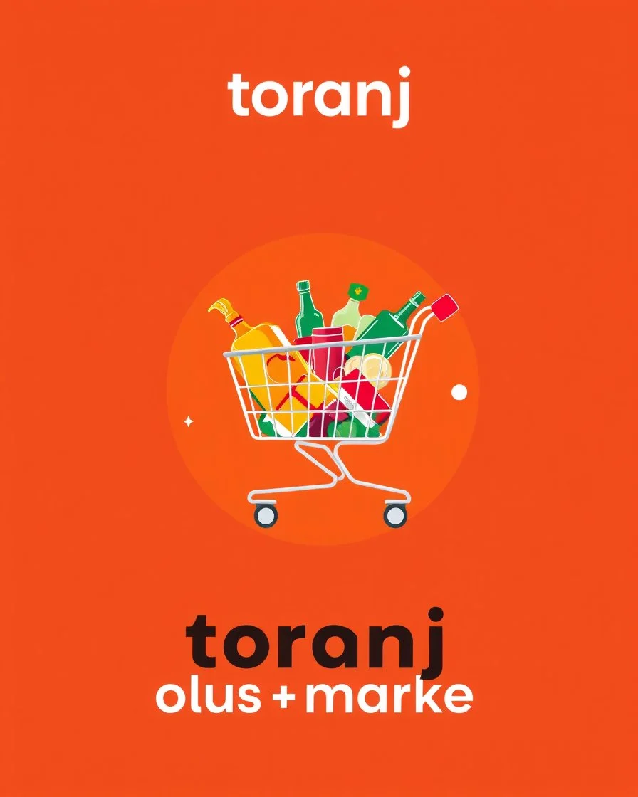 A beautiful design with a shopping cart in the middle filled with supermarket products on an orange and red background with some white and a special, amazing and eye-catching design with the words (toranj plus market) at the top of the image as a logo.