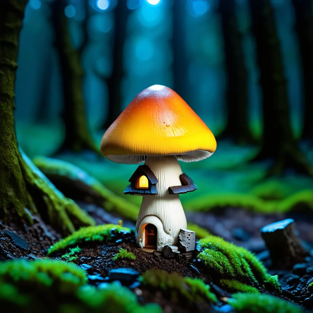 "Close up of a wonderful tiny Mushroom Tower home. Yellow and orange with bright white, deep black and contrasting tones of gray. Illuminated bioluminescent forest. Professional painter, master at composition. small but detailed. broken, blurred background, voluminous lighting"