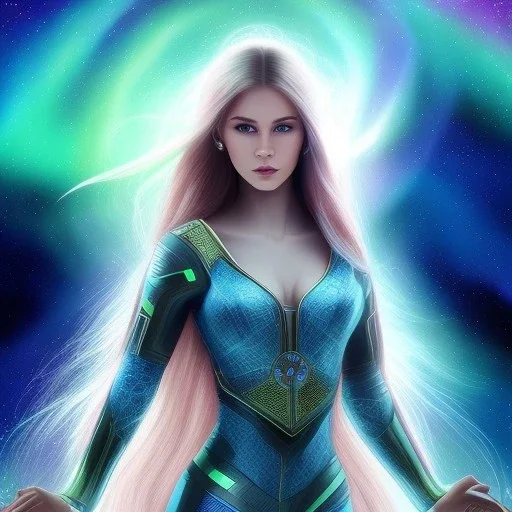 beautiful woman with long hair look the stars and northern aurora blue turquoise lights, blue, pink,