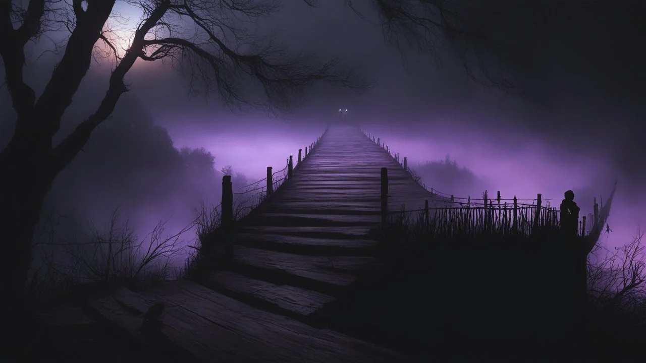 walking straight ahead over a wooden bridge, holding the angel of death with your right hand, entering the fog at the end of the road that leads to the afterlife, and a beautiful sunset and galaxy's behind the fog, realistic