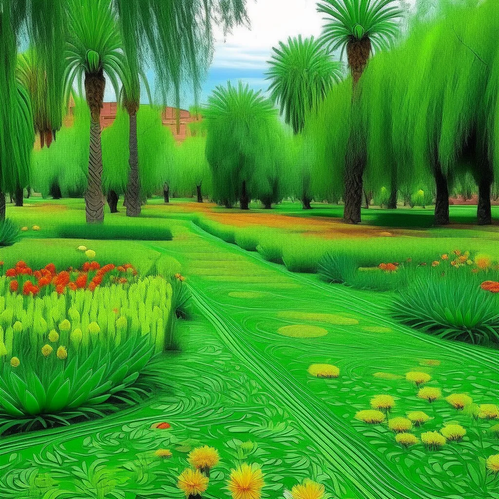 A lime green park filled with flowers designed in Navajo woven art painted by Vincent van Gogh