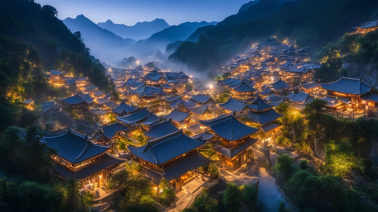 A hidden mountain village built on terraces, with houses carved from crystal and paths lined with glowing, floating lanterns that light up the misty evening air.