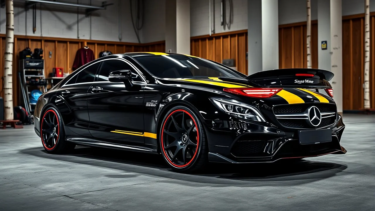 A black tuned Mercedes-Benz CLS 550 Shark with yellow stripes and red, black and blue rims parked in a luxury garage with a birch theme.