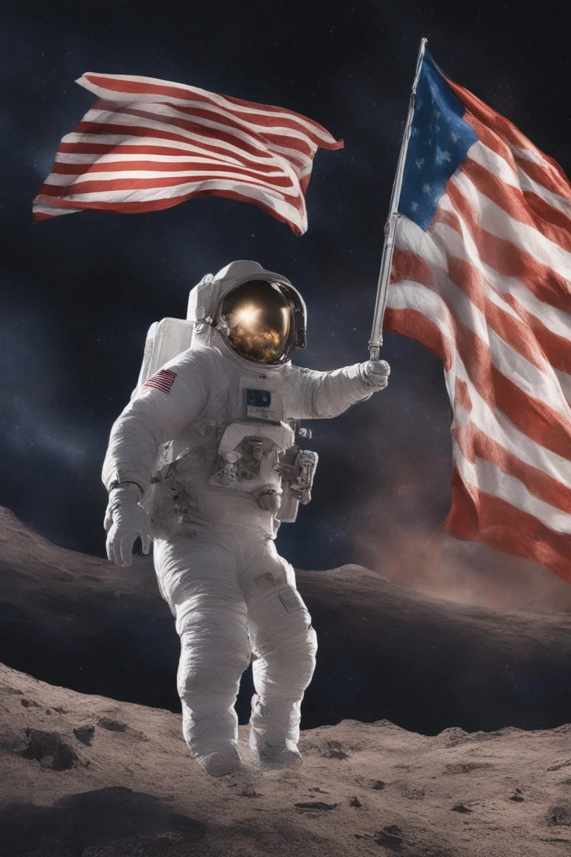 "Generate an awe-inspiring 8K realist image depicting an astronaut triumphantly planting a Bitcoin flag on the lunar surface. The cosmic backdrop should be a chaotic yet mesmerizing scene, replacing traditional stars with various cryptocurrencies. Envision shooting stars as dynamic market movements, while trading charts and pips seamlessly integrate into the background, forming a visually stunning representation of the crypto universe's conquest of the moon."