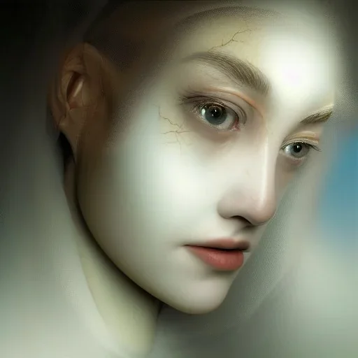 broken, cracked porcelain made of bride's face, fine detail, highly intricate, modern surrealism painting, high-quality, volumetric lighting, 8k, ultrahd, George Grie, Marco Escobedo, Igor Morski