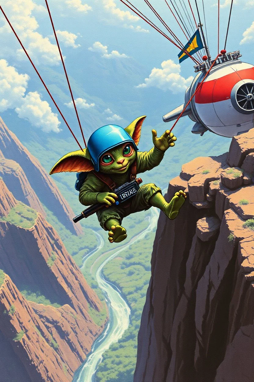 c64 graphics, close up on cat captain gremlin paratrooper from spaceship jumping over cliff hang in brazil