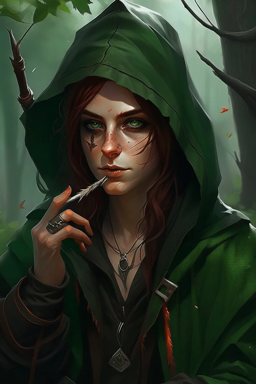 Portrait of gender neutral rogue elf, hooded maroon hair, bright green eyes, brown skin, messy, disheveled, assassin, smoking cigarette, bow and arrow, black leather clothes, hiding, trees