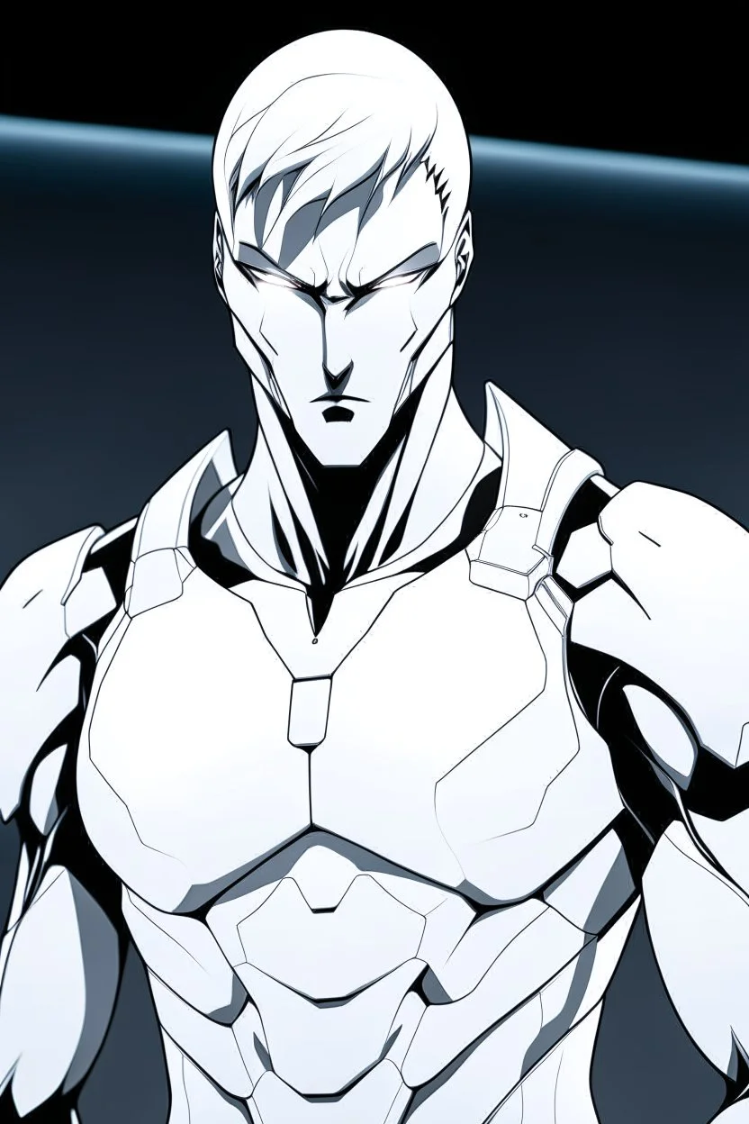 Anime the same photo but wearing a white superhero suit with a lite modern armour