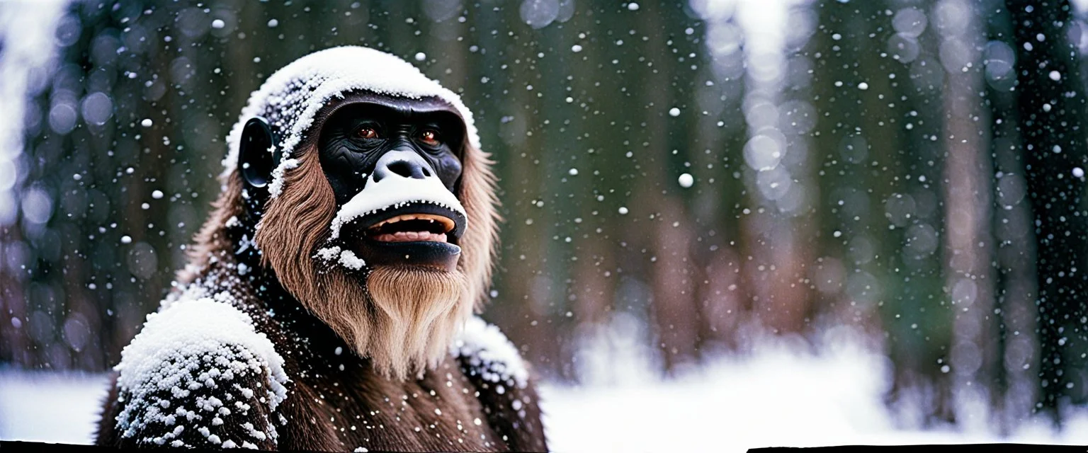 close up documentary photography, November 1990, Yeti, Bigfoot, Dystopian, Japanese, Extreme depth of field, bokeh blur, winter, blizzard, Alberta, all-natural, in the style of candid, imperfection, natural lighting, Professional shot, shot on Agfa, Fuji Film, Anamorphic lens --ar 4:5 --w 150 --style raw