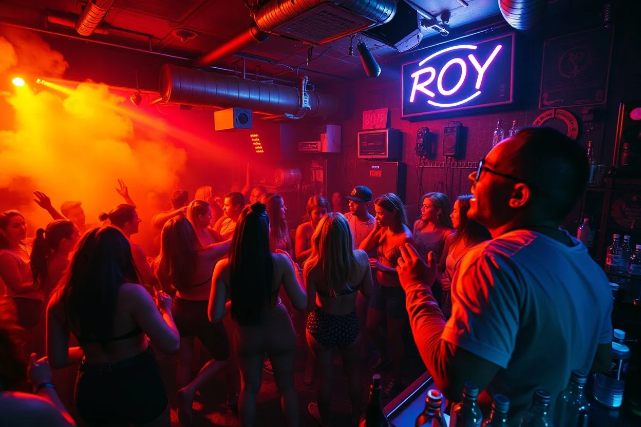 dans golv på en nedsliten sunkig techno club, många personer som dansar, yppiga kvinnor, mycket scen rök i lokalen, och gula röda strobes, en del personer ser in i kameran och skriker: "Benny!" och en Neon Skylt med texten "DJ ROY" på väggen, DJ Roy skriker rätt in i kameran, öppen mun, mycket flaskor och glas i baren