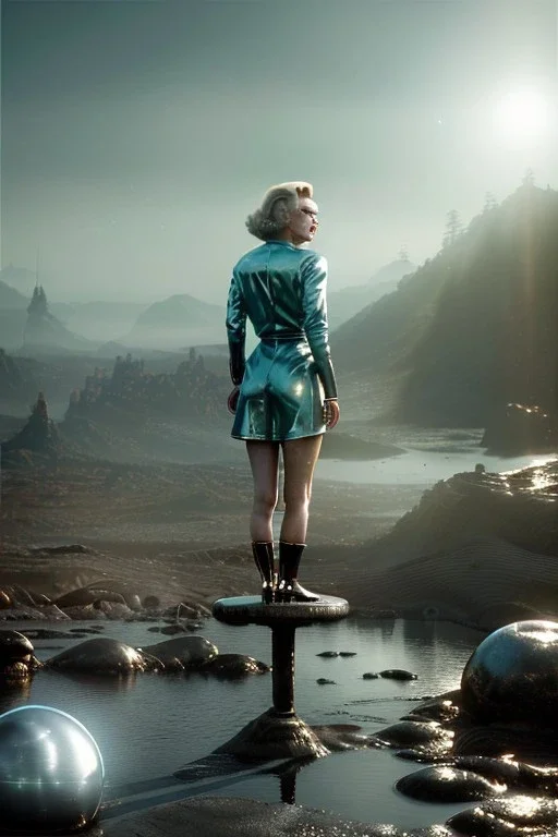 Ultra Realistic retro sci-fi 1960 scene, waist up view portrait, blonde woman, sweet young Marilyn Monroe face, perfect iris, tight latex coat, alien planet background, tight style, steel sphere dron levitating, fog, rain, soft color, highly detailed, unreal engine 5, ray tracing, RTX, lumen lighting, ultra detail, volumetric lighting, 3d, finely drawn, high definition, high resolution.