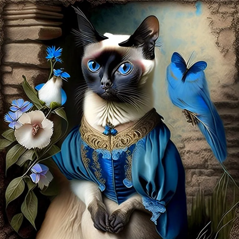 Shakespearen Siamese cat. blue eyes. Dressed in period dress. Hummingbird. lily. stone wall.