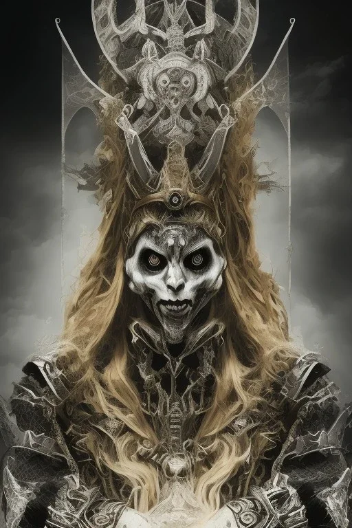 Realistic geometric anime black metal corpsepaint Slipknot Joey mask god with golden crown , in front of a throne