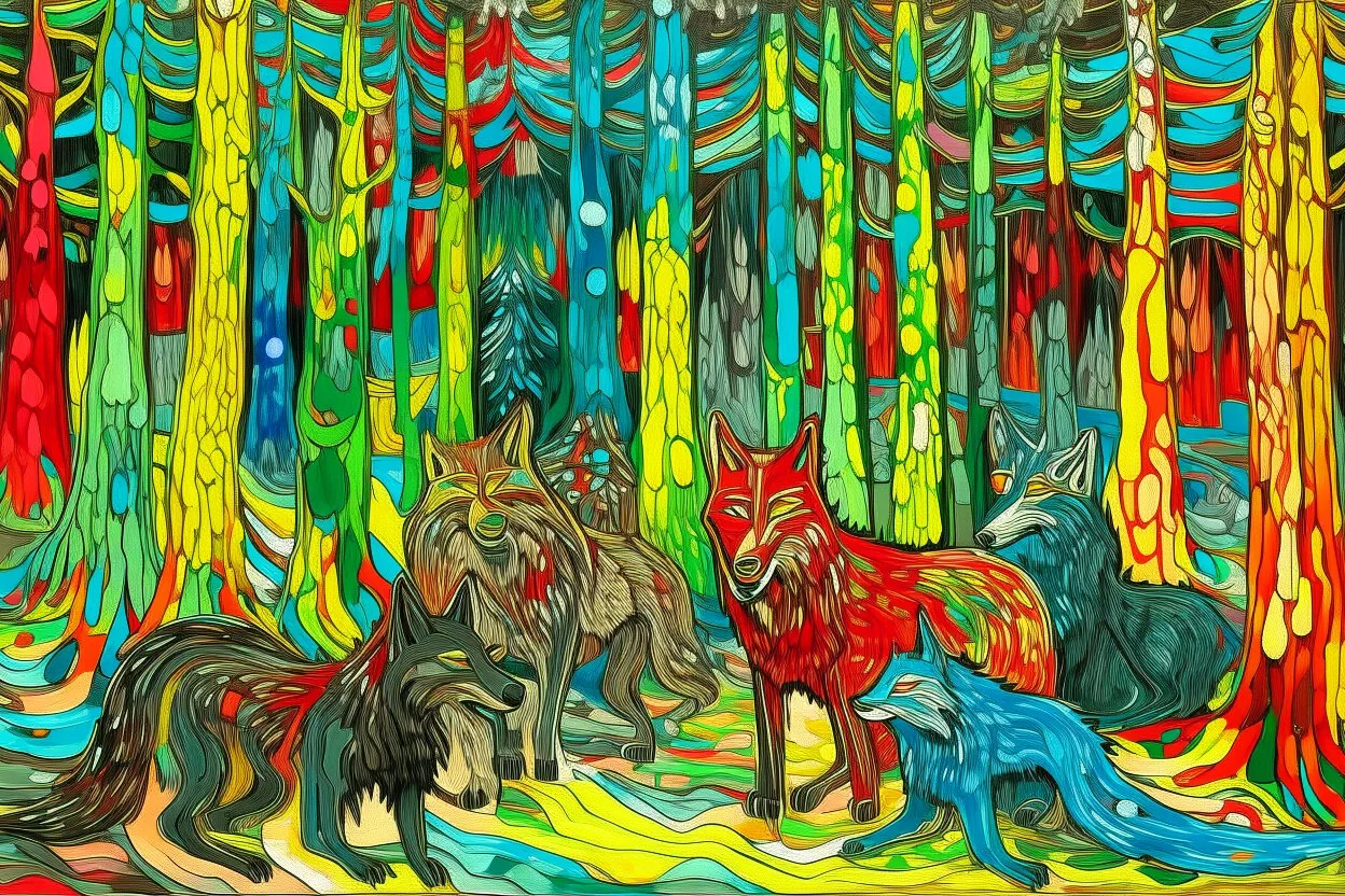 A multicolored woods with piercing eyed wolves painted by Vincent van Gogh