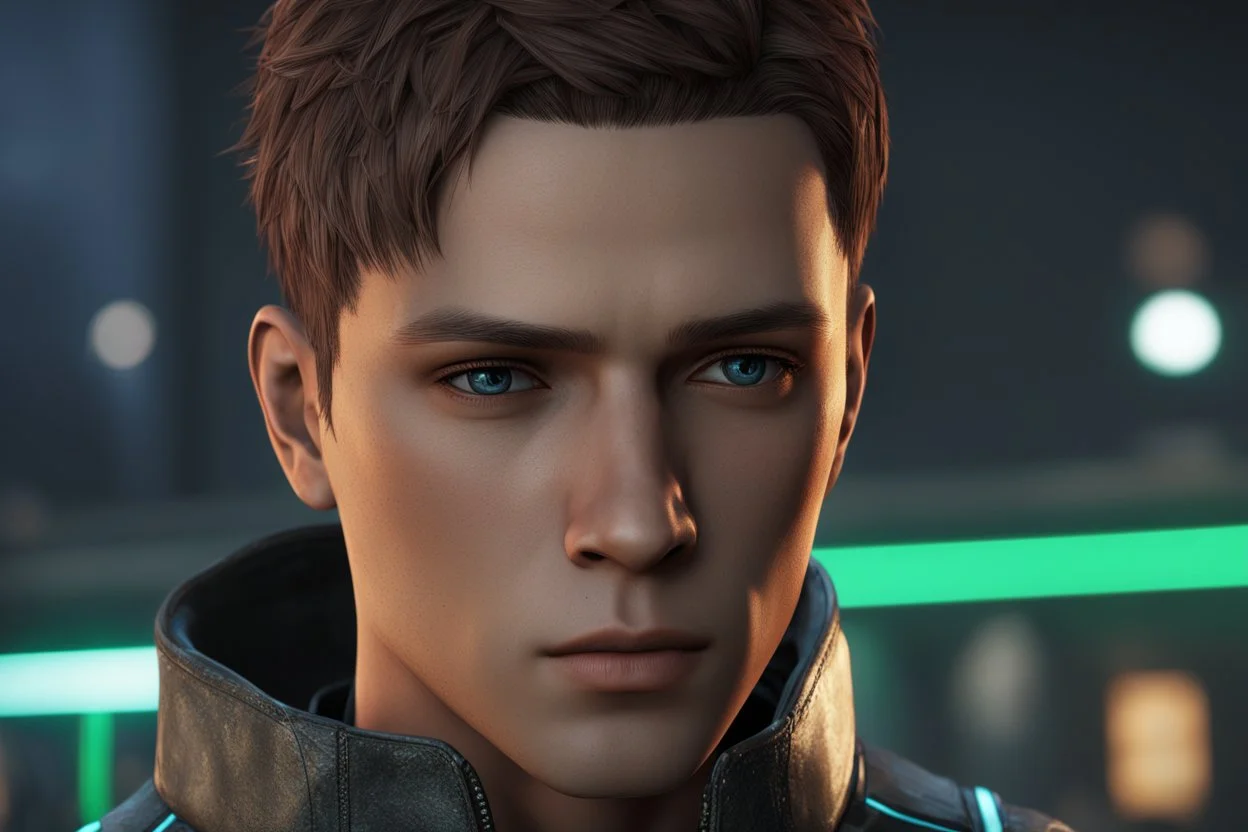 Markus black skin with little hair in 8k anime cgi artstyle, Detroit become human them, normal eyes, close picture, neon effect, rain, apocalypse, intricate details, highly detailed, high details, detailed portrait, masterpiece,ultra detailed, ultra quality