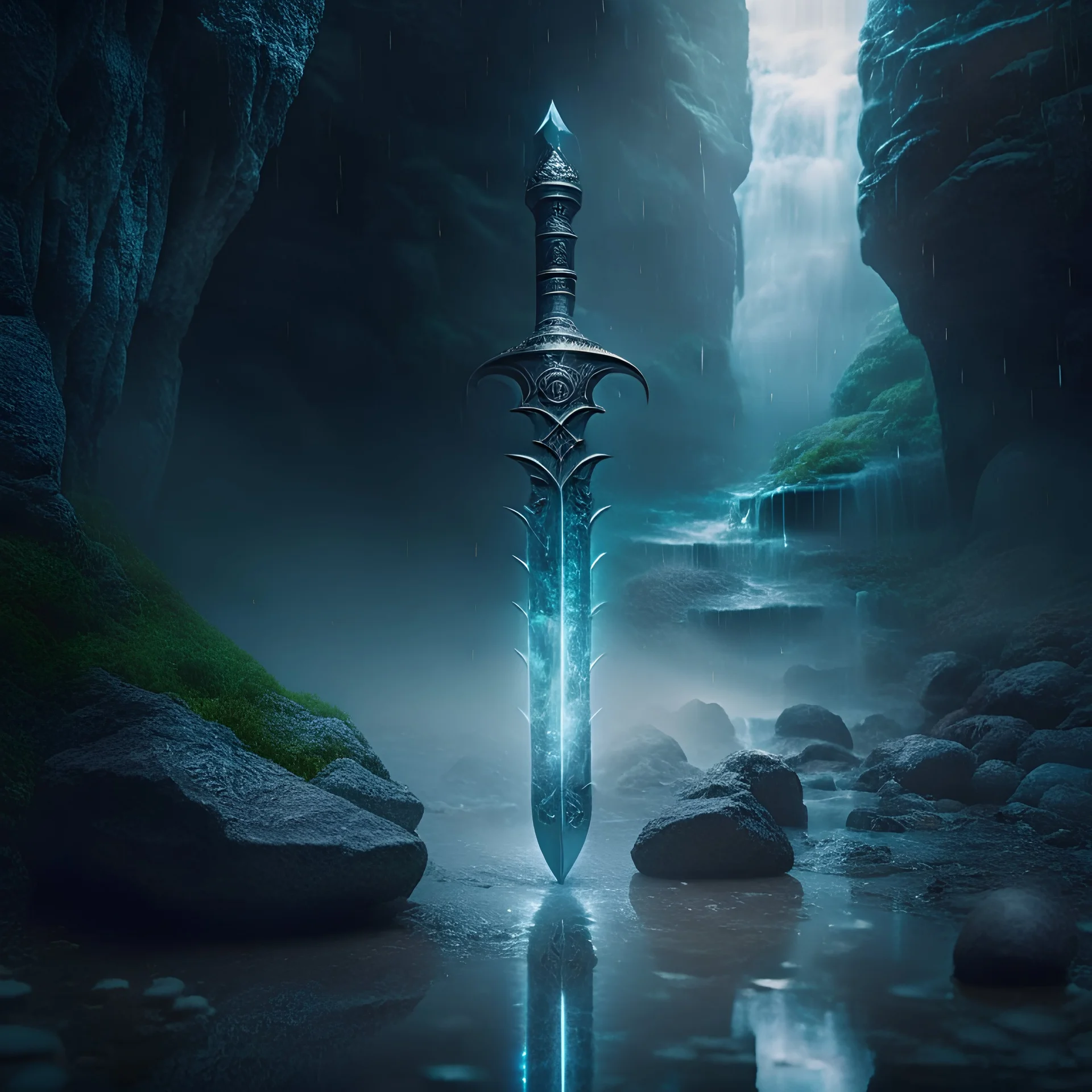 Photoreal magnificent artisan enchanted sword of the spirits in a dark wet skyrim cave at night shrouded in mystic fog