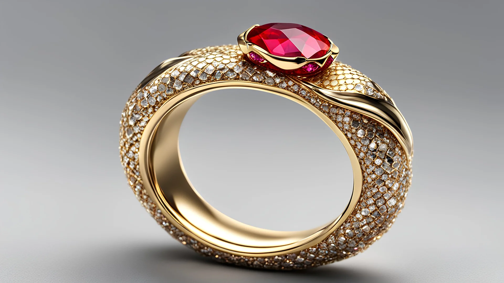 <lora:FantasyIcons_Rings:0.8>,(((white background:1.4))), gold metal ring, luminous snake-shaped gemstone, red rubies on the sides of the ring