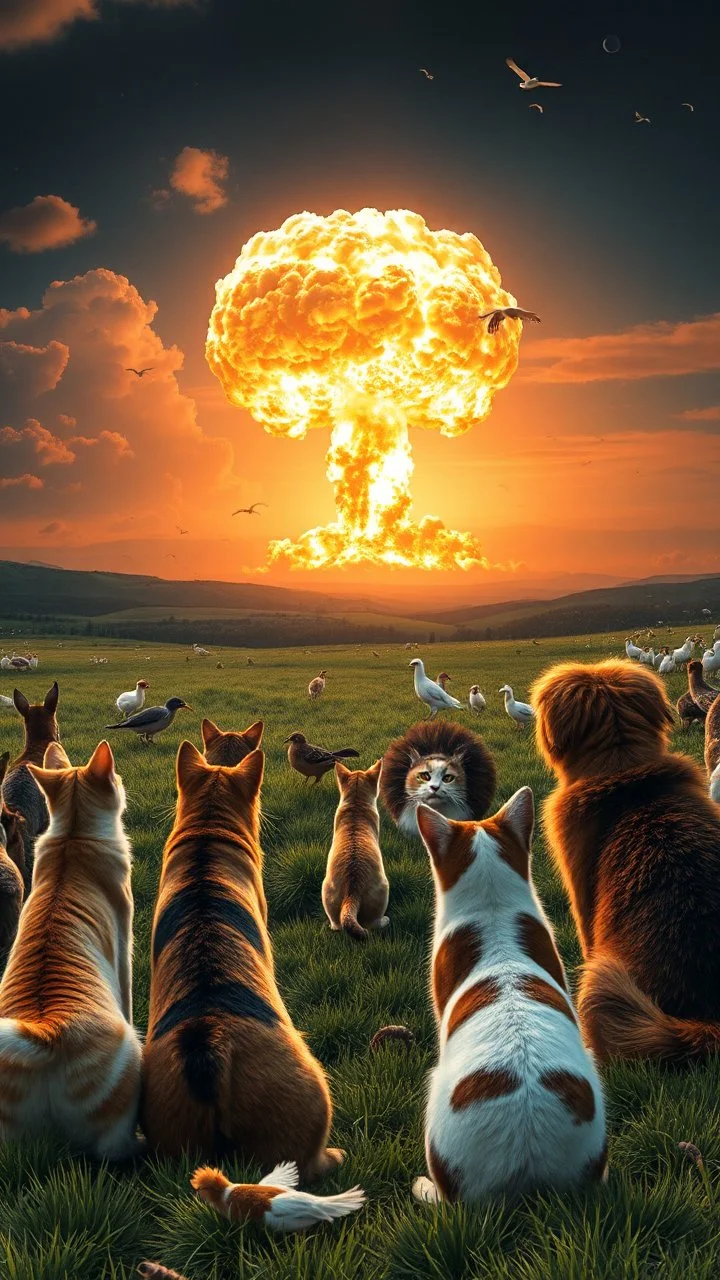 Cats and dogs and a lot of all kind of animals and birds very happy watching a nuke explosion in the distance