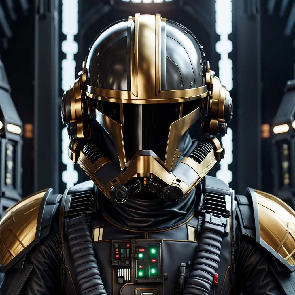 star wars bald male corellian pilot wearing gunmetal grey and black First Order TIE pilot armored flightsuit and helmet with gold trim inside the jedi temple, centered head and shoulders portrait, hyperdetailed, dynamic lighting, hyperdetailed background, 8k resolution, volumetric lighting, light skin, fully symmetric details