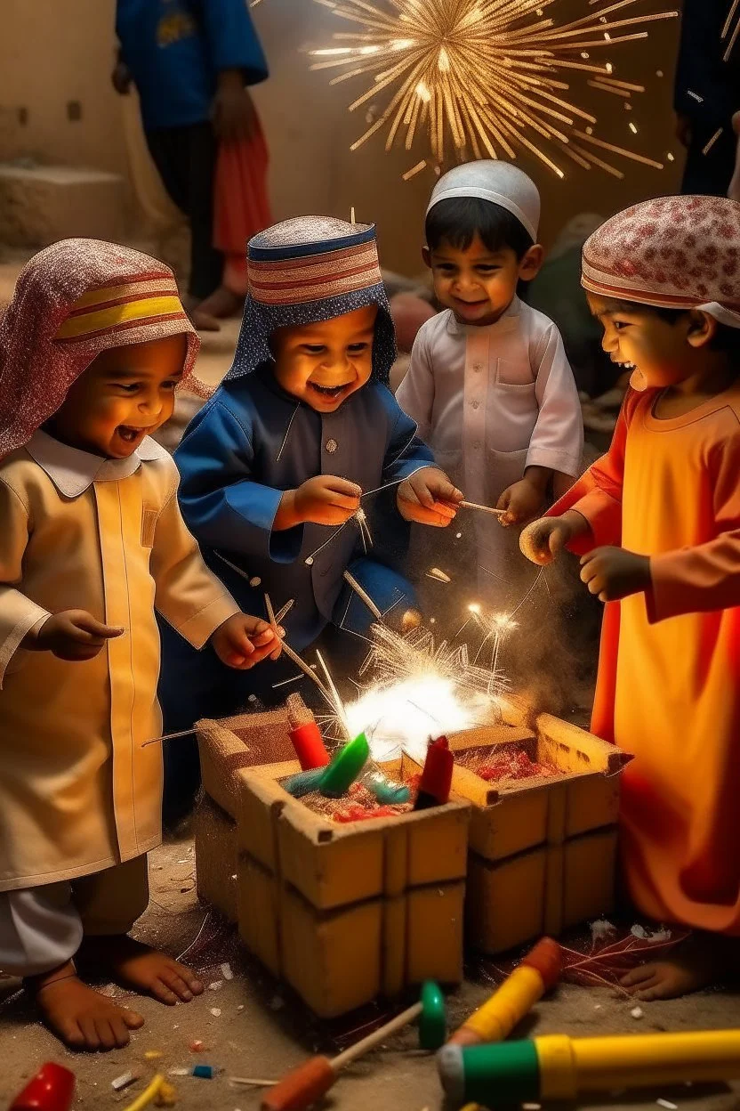 A group of five-year-old Saudi children gather and play with building blocks while ribbons of firecrackers fly around them.